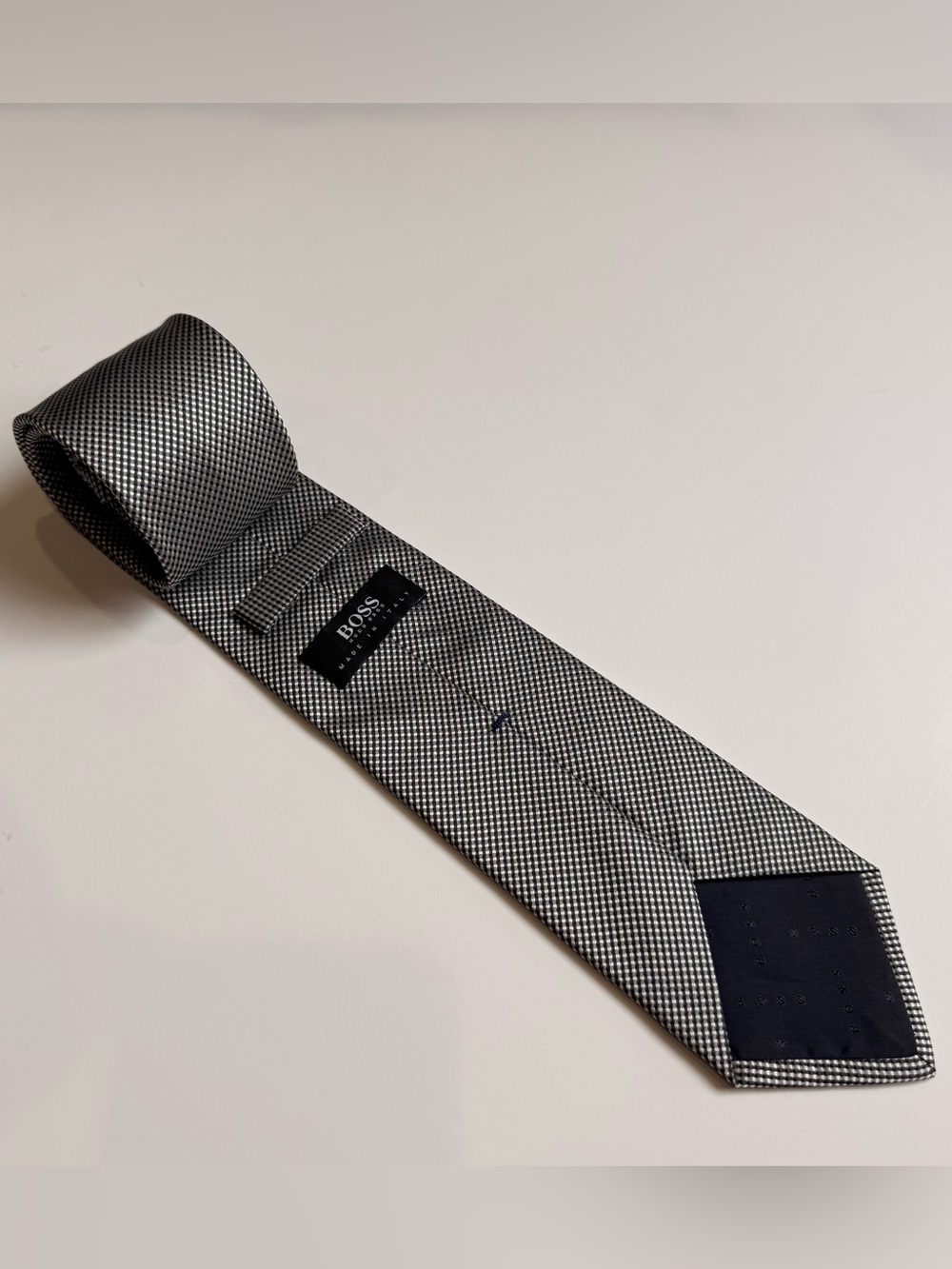 Hugo BOSS Gray Black Check 100% Silk Woven Pointed Tie Made in Italy